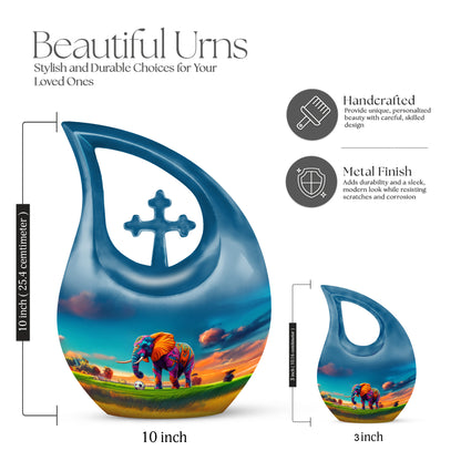 Serene Blue Elephant Cremation Urn back view with polished surface - devotional cross-drop elephant engraving - mini keepsake memorial for portion of cremation ashes