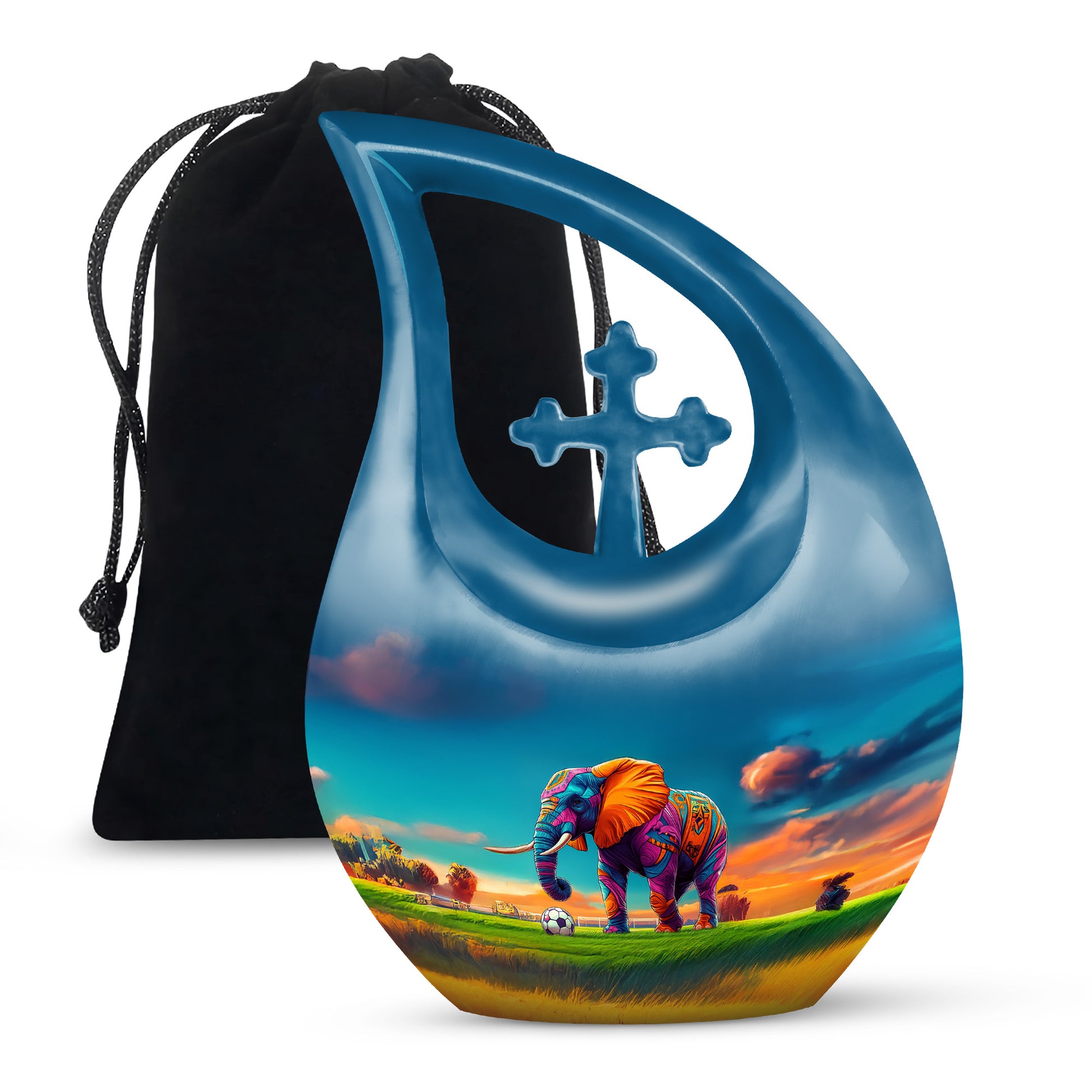 Bright Blue Elephant Cremation Urn top-down view of secure threaded lid - faith-inspired cross-drop urn with elephant pattern - full-size 10 inch 200 cubic inch adult cremation urn