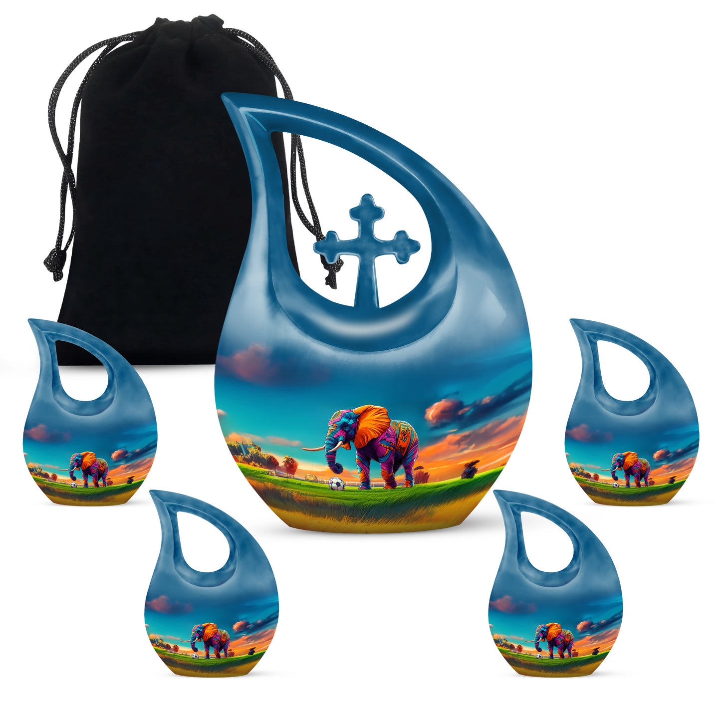 Navy Blue Elephant Cremation Urn urn with complimentary velvet bag - sacred cross merged with elephant motif on metal - memorial set with one large and four small urns