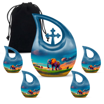 Navy Blue Elephant Cremation Urn urn with complimentary velvet bag - sacred cross merged with elephant motif on metal - memorial set with one large and four small urns