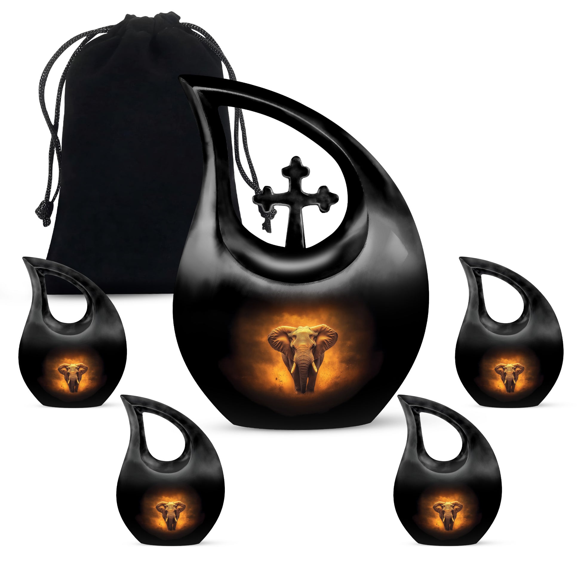 Obsidian Black Elephant Cremation Urn urn with complimentary velvet bag - devotional cross-drop elephant engraving - memorial set with one large and four small urns
