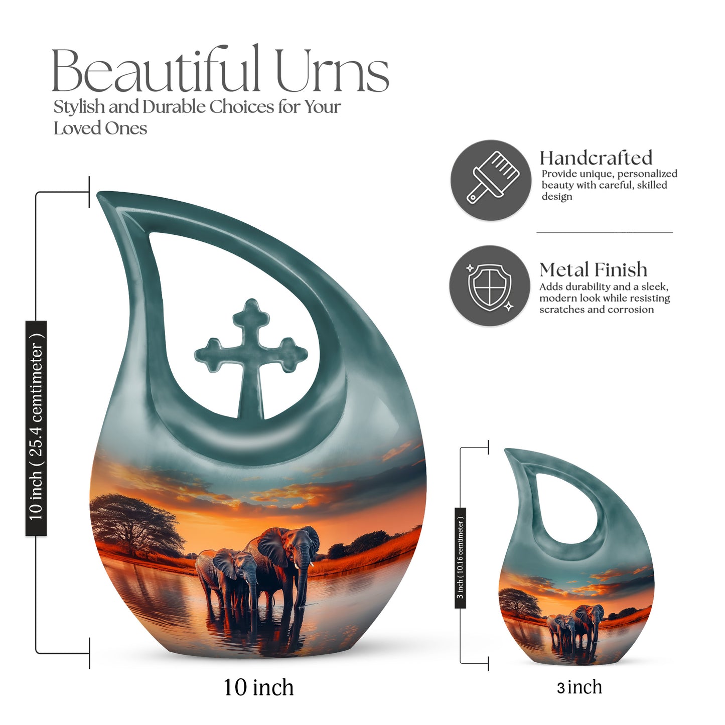 Mystic Teal Elephant Cremation Urn back view with polished surface - faith-inspired cross-drop urn with elephant pattern - mini keepsake memorial for portion of cremation ashes