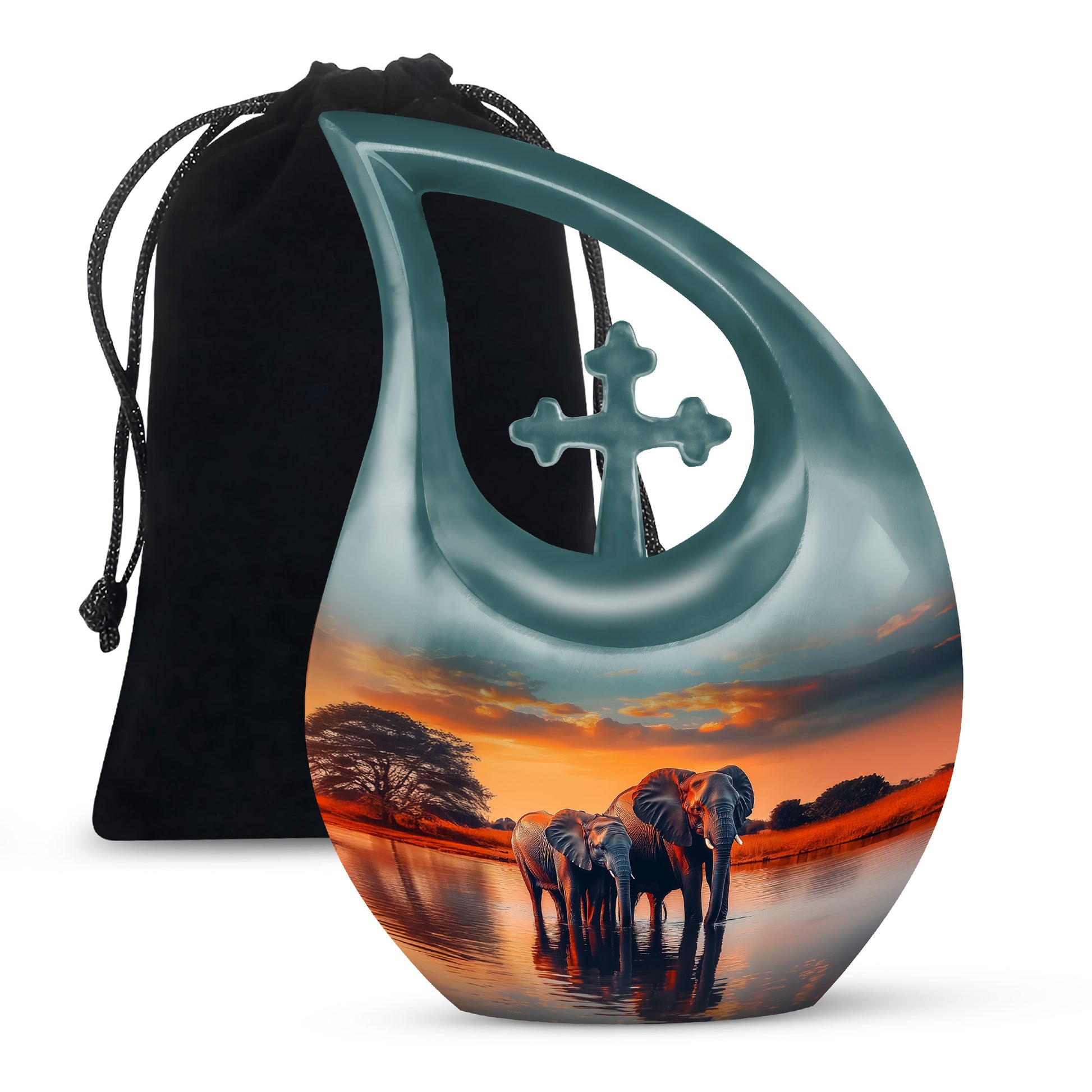 Jewel Teal Elephant Cremation Urn top-down view of secure threaded lid - cross and elephant combined in spiritual memorial design - full-size 10 inch 200 cubic inch adult cremation urn