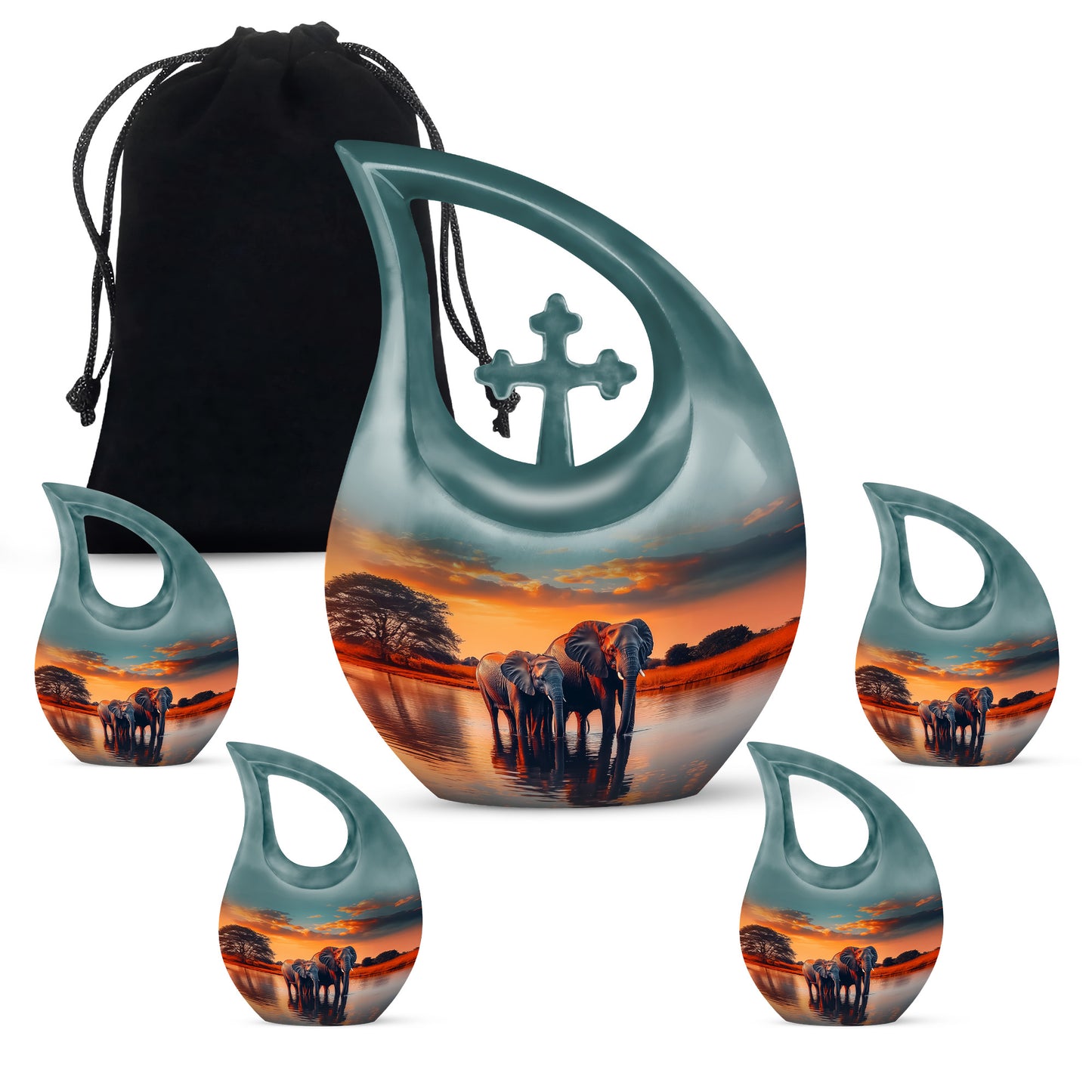 Soft Teal Elephant Cremation Urn urn with complimentary velvet bag - cross and elephant combined in spiritual memorial design - memorial set with one large and four small urns