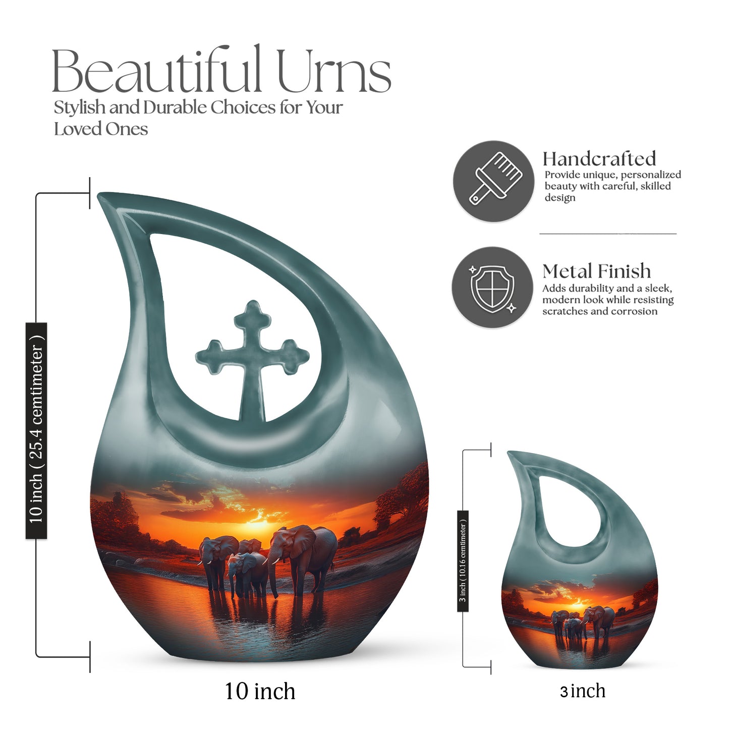 Deep Teal Elephant Cremation Urn back view with polished surface - devotional cross-drop elephant engraving - mini keepsake memorial for portion of cremation ashes