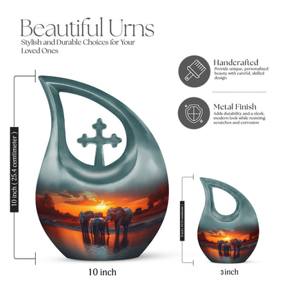 Deep Teal Elephant Cremation Urn back view with polished surface - devotional cross-drop elephant engraving - mini keepsake memorial for portion of cremation ashes