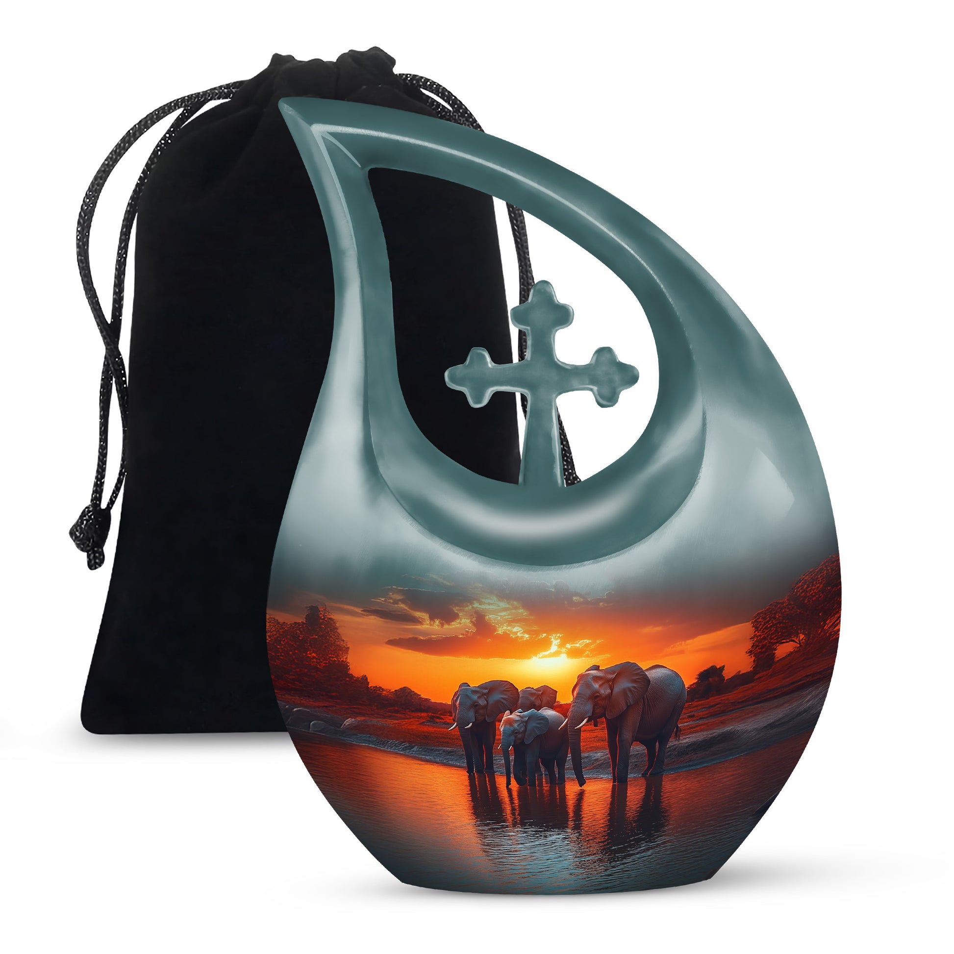 Cool Teal Elephant Cremation Urn top-down view of secure threaded lid - sacred cross merged with elephant motif on metal - full-size 10 inch 200 cubic inch adult cremation urn