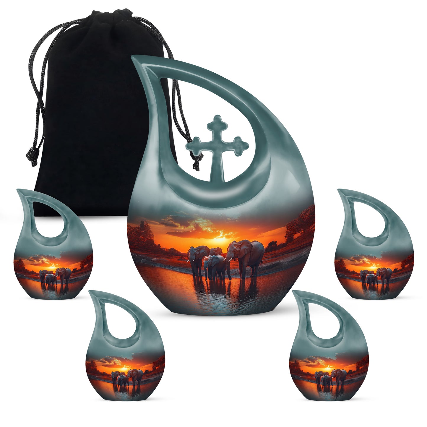 Aqua Teal Elephant Cremation Urn urn with complimentary velvet bag - devotional cross-drop elephant engraving - memorial set with one large and four small urns