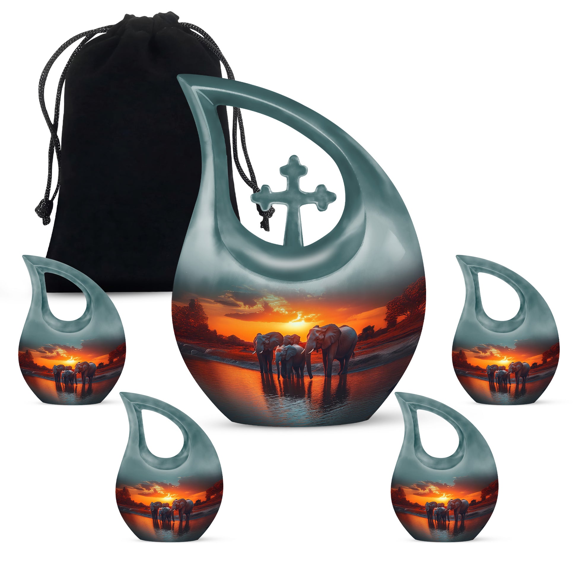 Aqua Teal Elephant Cremation Urn urn with complimentary velvet bag - devotional cross-drop elephant engraving - memorial set with one large and four small urns