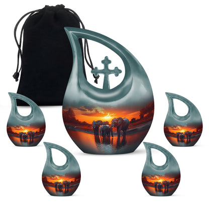 Aqua Teal Elephant Cremation Urn urn with complimentary velvet bag - devotional cross-drop elephant engraving - memorial set with one large and four small urns