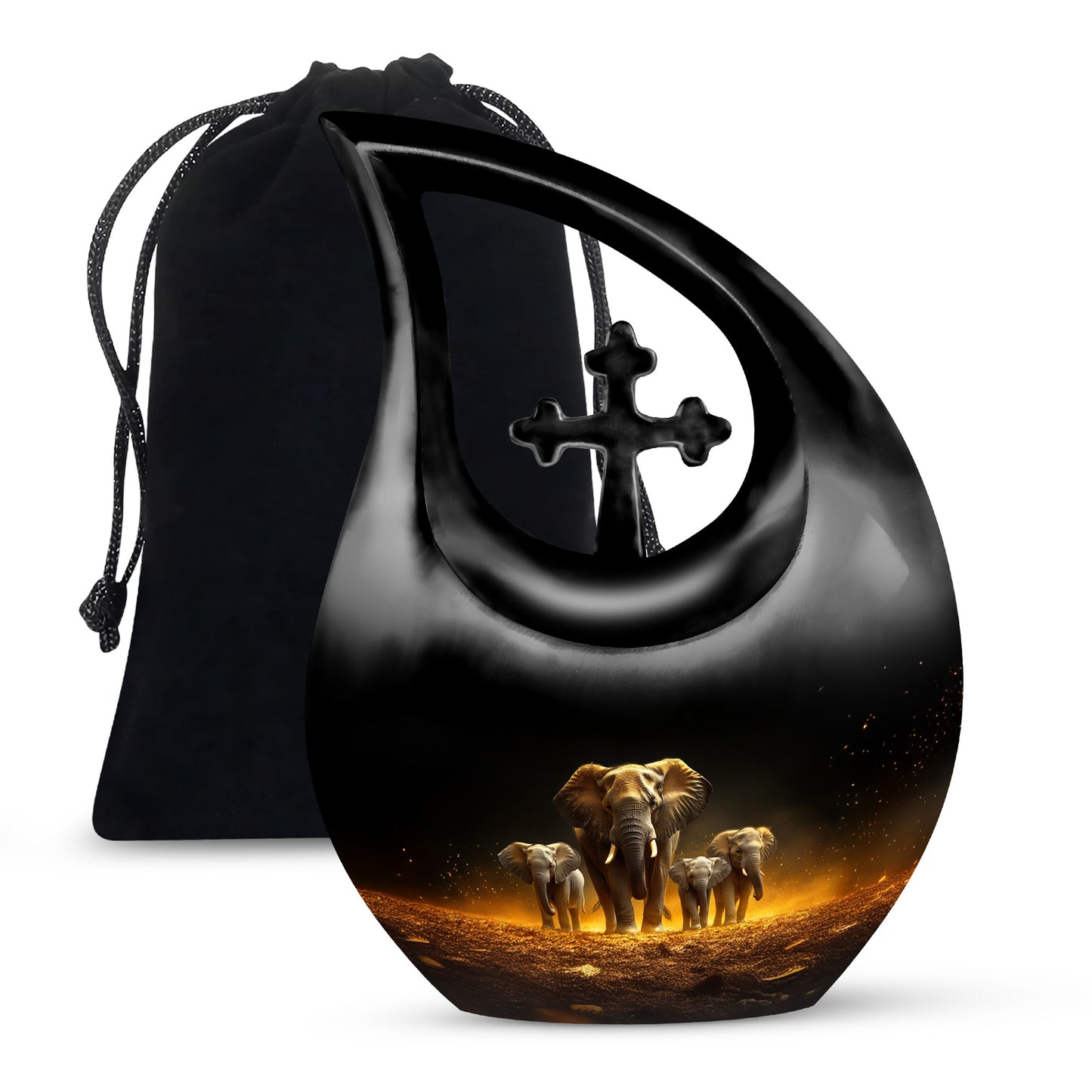 Dark Black Elephant Cremation Urn top-down view of secure threaded lid - devotional cross-drop elephant engraving - full-size 10 inch 200 cubic inch adult cremation urn