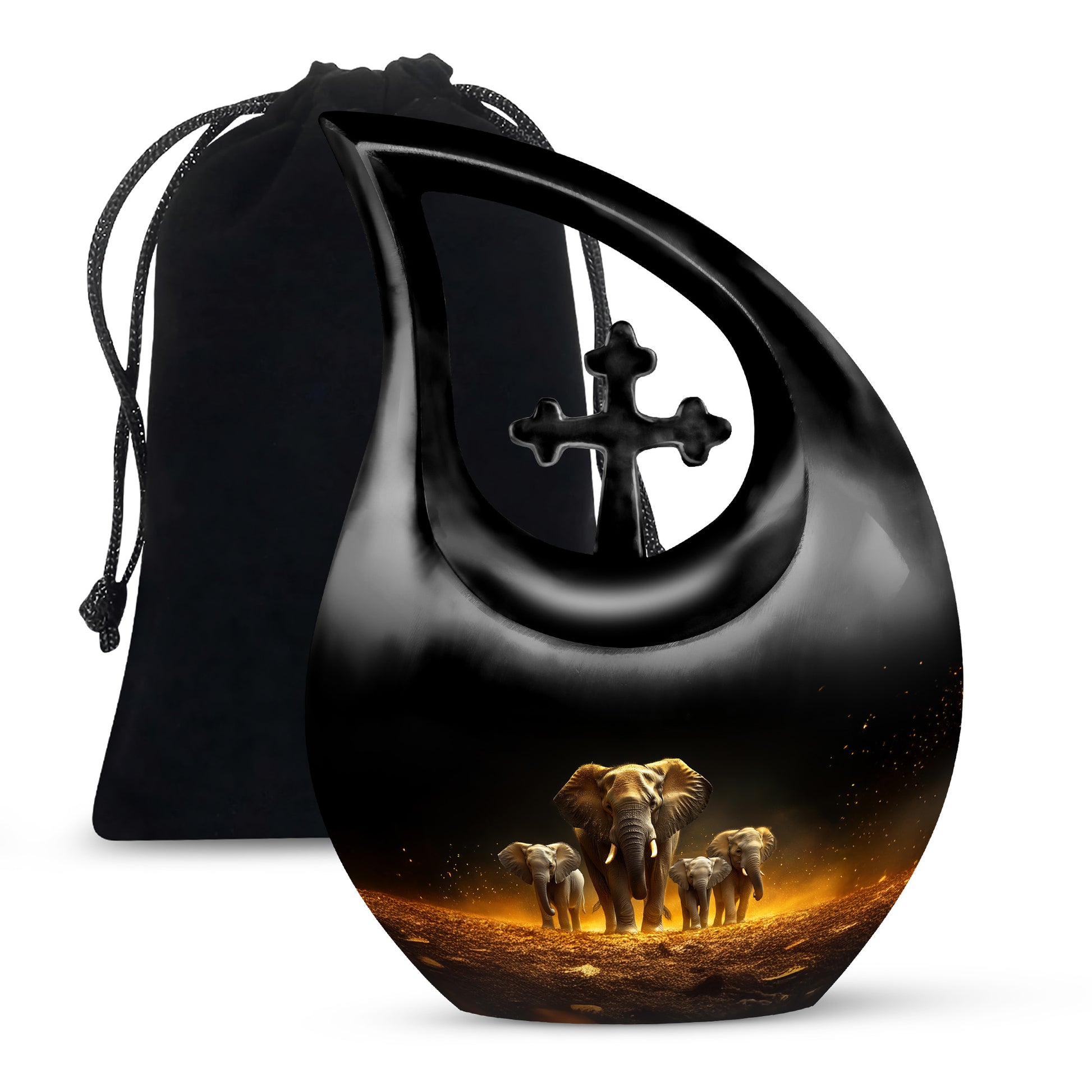 Dark Black Elephant Cremation Urn top-down view of secure threaded lid - devotional cross-drop elephant engraving - full-size 10 inch 200 cubic inch adult cremation urn