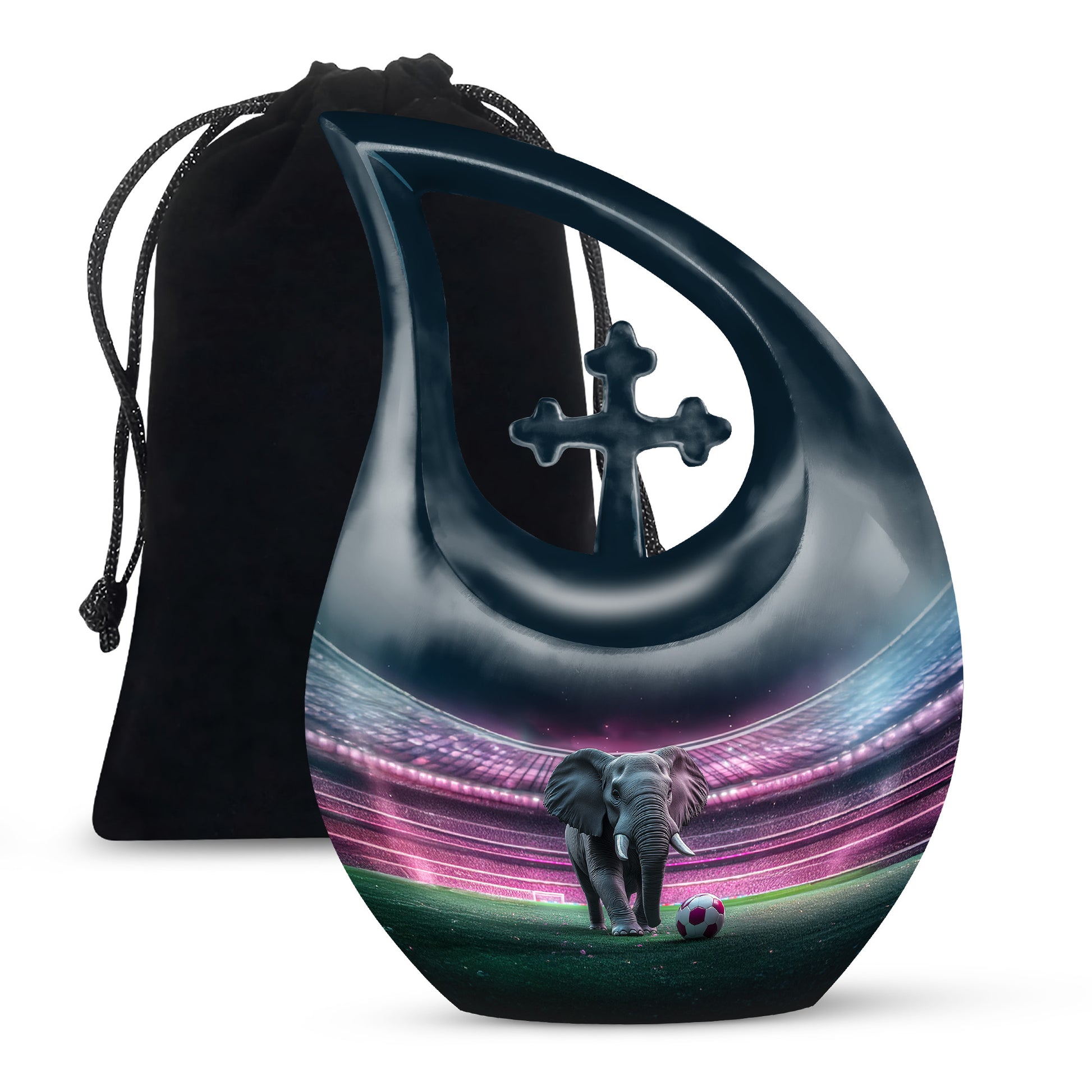 Jet Black Elephant Cremation Urn top-down view of secure threaded lid - sacred cross merged with elephant motif on metal - full-size 10 inch 200 cubic inch adult cremation urn