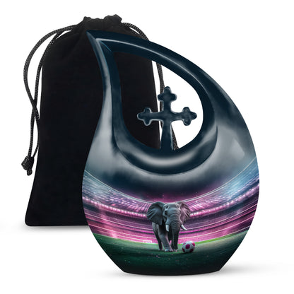 Jet Black Elephant Cremation Urn top-down view of secure threaded lid - sacred cross merged with elephant motif on metal - full-size 10 inch 200 cubic inch adult cremation urn