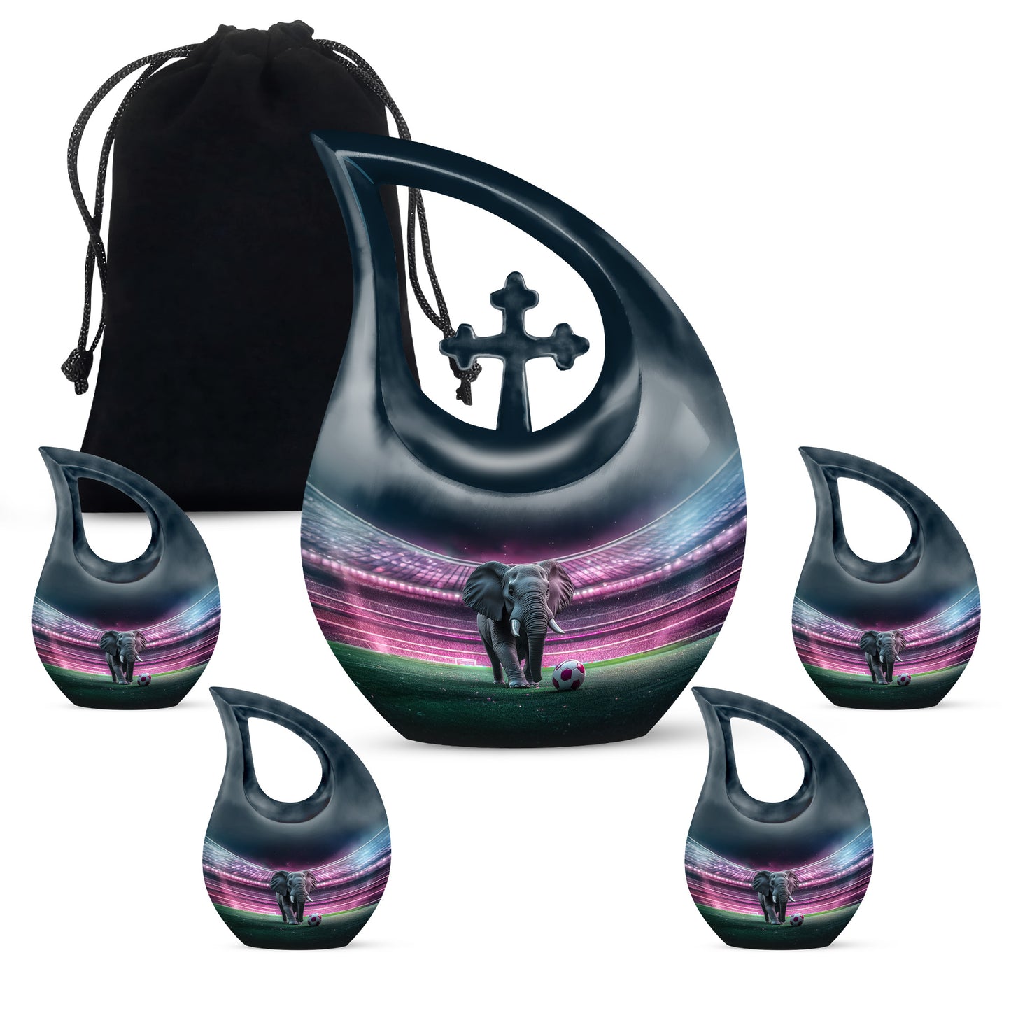 Rich Black Elephant Cremation Urn urn with complimentary velvet bag - cross and elephant combined in spiritual memorial design - memorial set with one large and four small urns