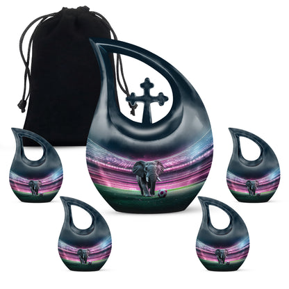 Rich Black Elephant Cremation Urn urn with complimentary velvet bag - cross and elephant combined in spiritual memorial design - memorial set with one large and four small urns