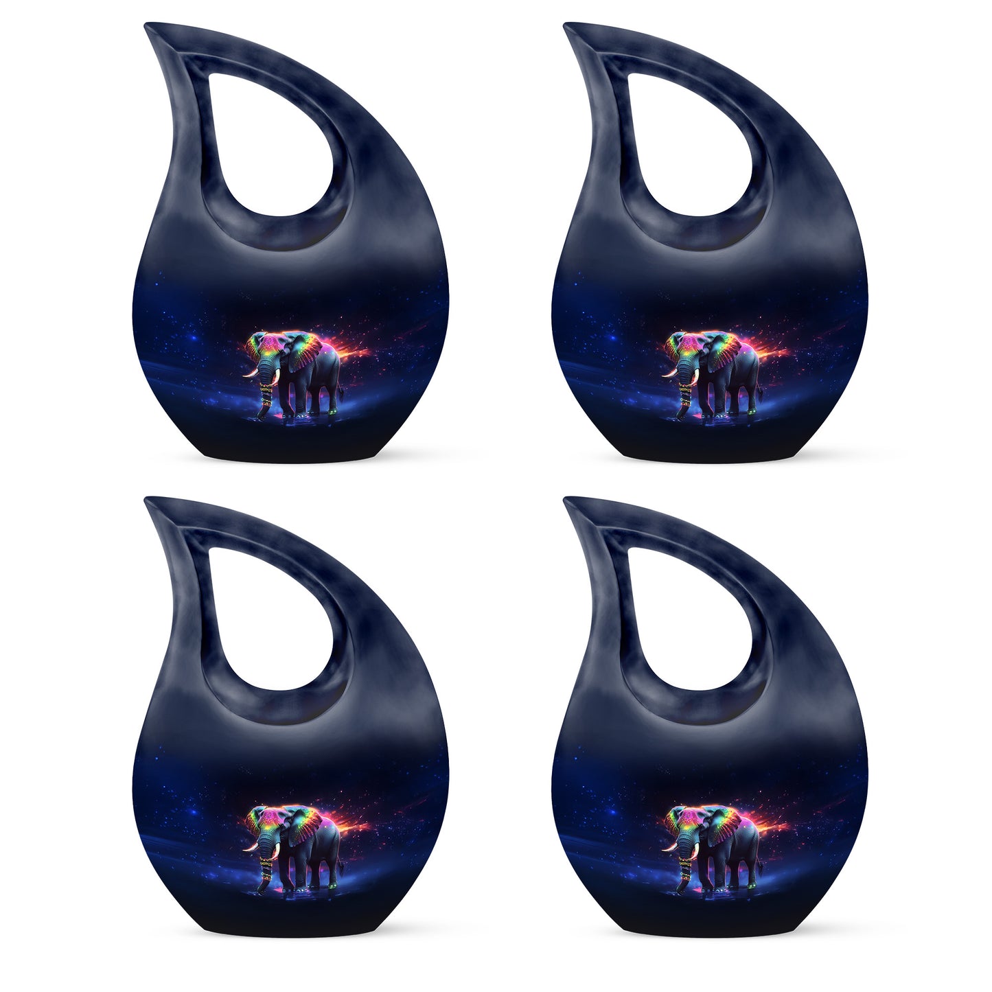 Glossy Black Elephant Cremation Urn lifestyle display on memorial shelf - sacred cross merged with elephant motif on metal - 10 inch aluminum urn for cremated remains