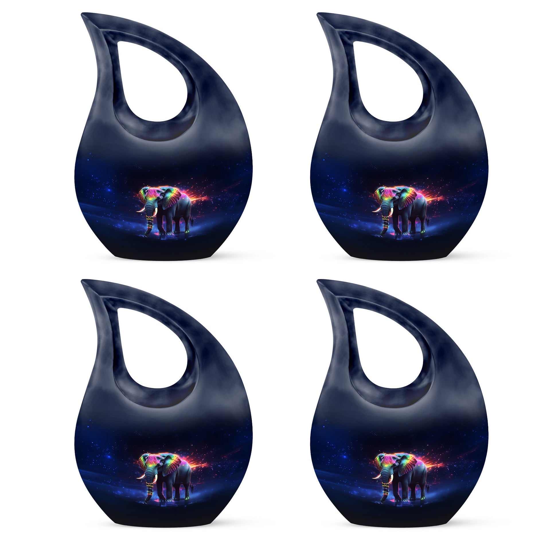 Glossy Black Elephant Cremation Urn lifestyle display on memorial shelf - sacred cross merged with elephant motif on metal - 10 inch aluminum urn for cremated remains