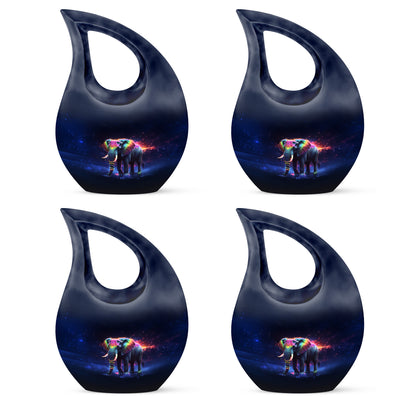 Glossy Black Elephant Cremation Urn lifestyle display on memorial shelf - sacred cross merged with elephant motif on metal - 10 inch aluminum urn for cremated remains