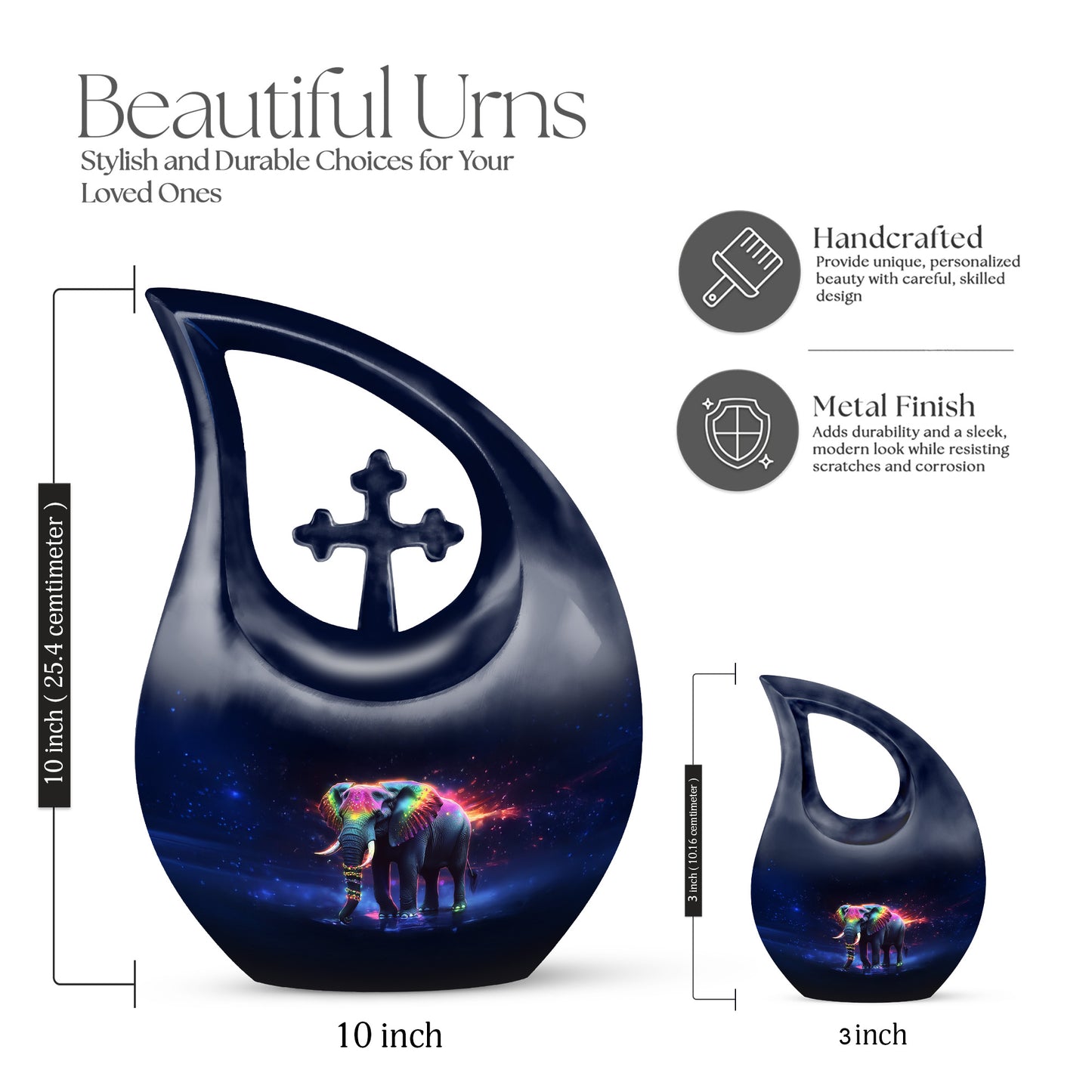 Onyx Black Elephant Cremation Urn back view with polished surface - faith-inspired cross-drop urn with elephant pattern - mini keepsake memorial for portion of cremation ashes