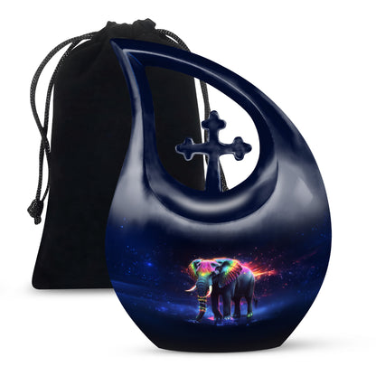 Jet Black Elephant Cremation Urn top-down view of secure threaded lid - sacred cross merged with elephant motif on metal - full-size 10 inch 200 cubic inch adult cremation urn