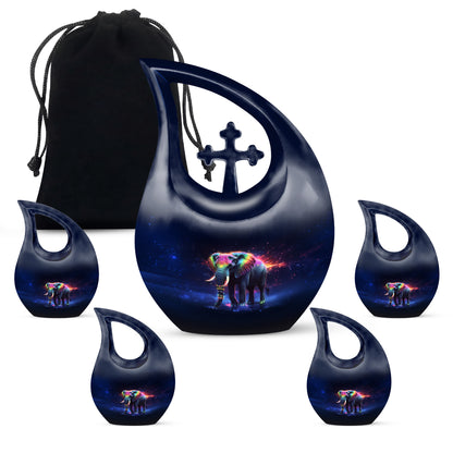 Obsidian Black Elephant Cremation Urn urn with complimentary velvet bag - faith-inspired cross-drop urn with elephant pattern - memorial set with one large and four small urns