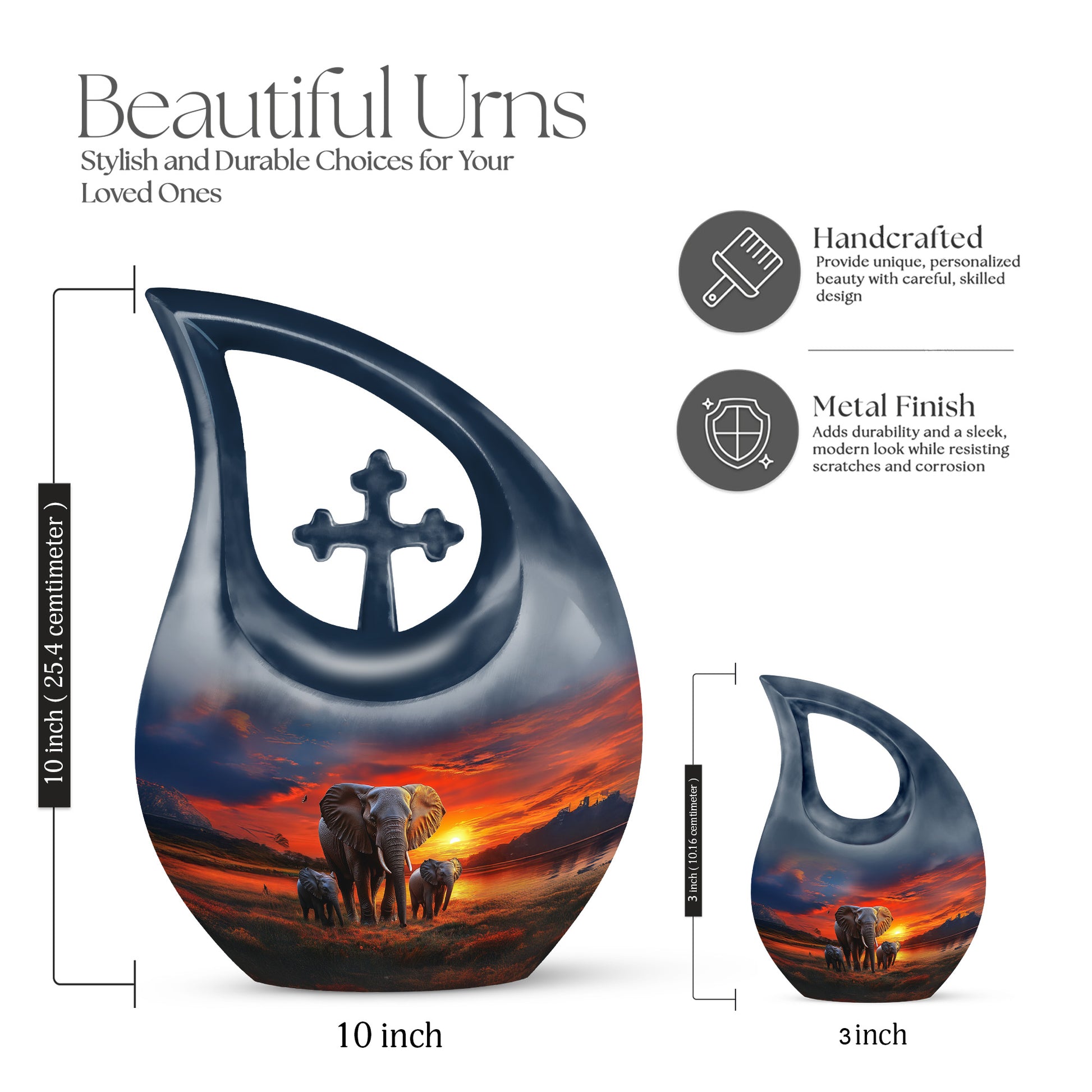 Vivid Blue Elephant Cremation Urn back view with polished surface - faith-inspired cross-drop urn with elephant pattern - mini keepsake memorial for portion of cremation ashes