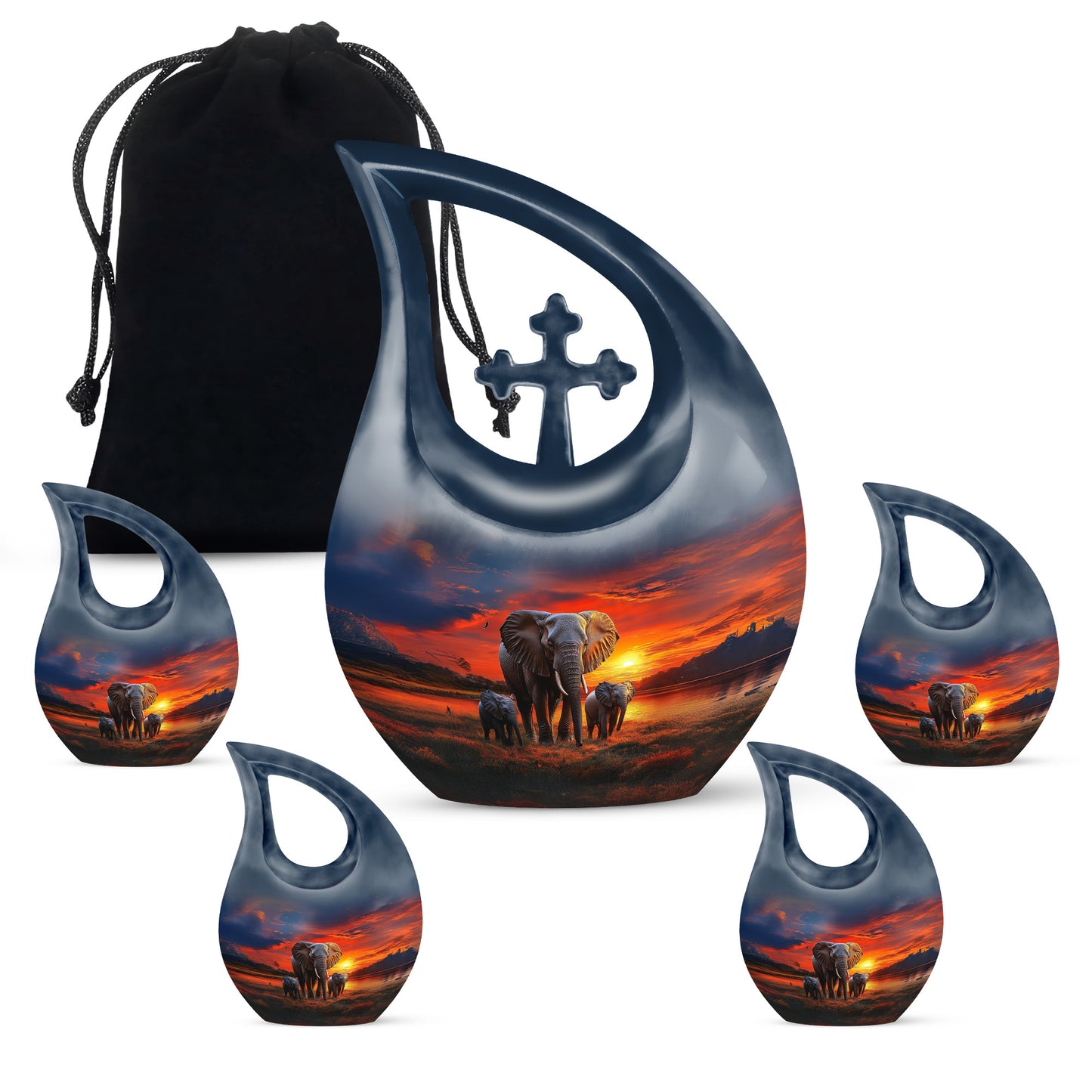 Navy Blue Elephant Cremation Urn urn with complimentary velvet bag - cross and elephant combined in spiritual memorial design - memorial set with one large and four small urns