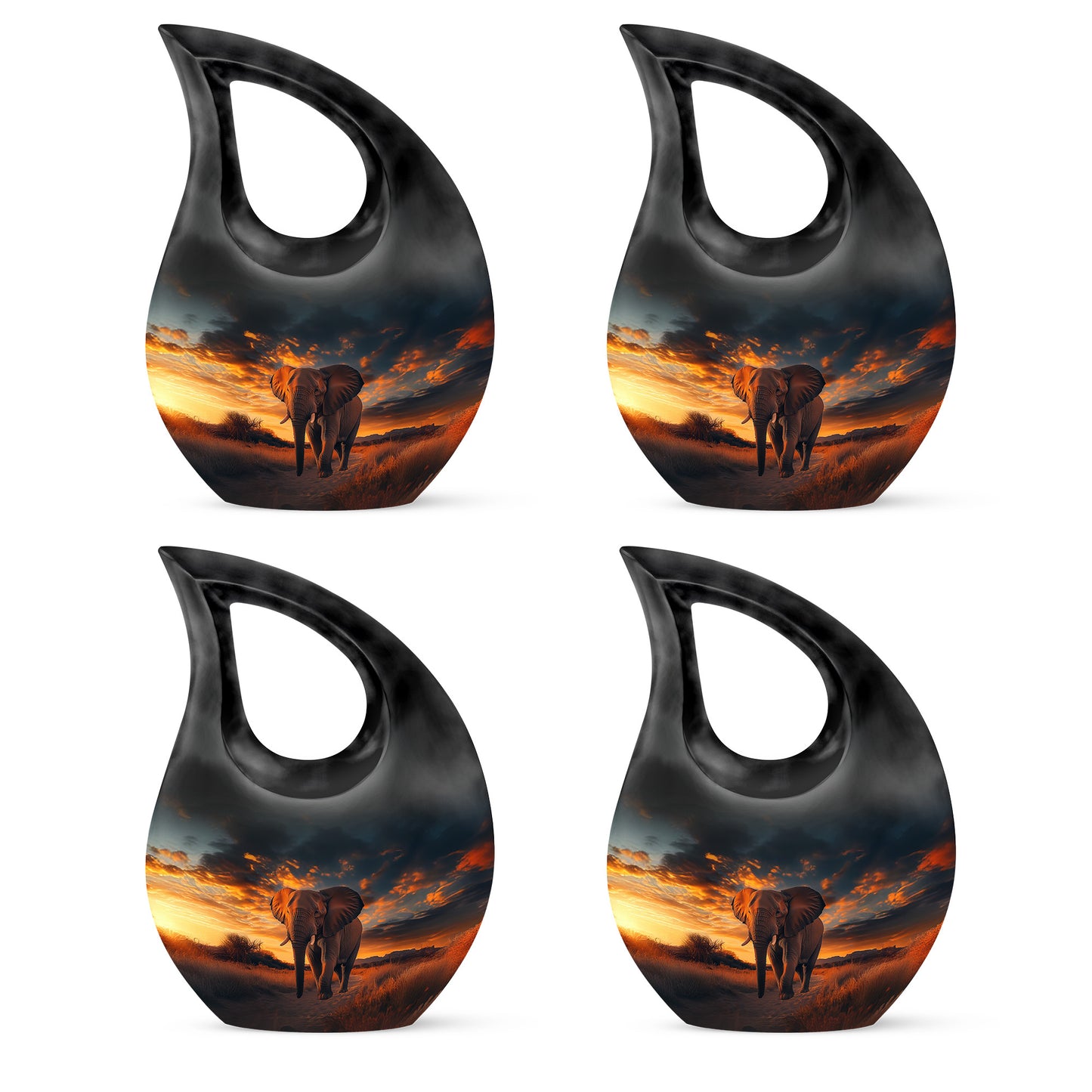 Rich Black Elephant Cremation Urn lifestyle display on memorial shelf - sacred cross merged with elephant motif on metal - 10 inch aluminum urn for cremated remains