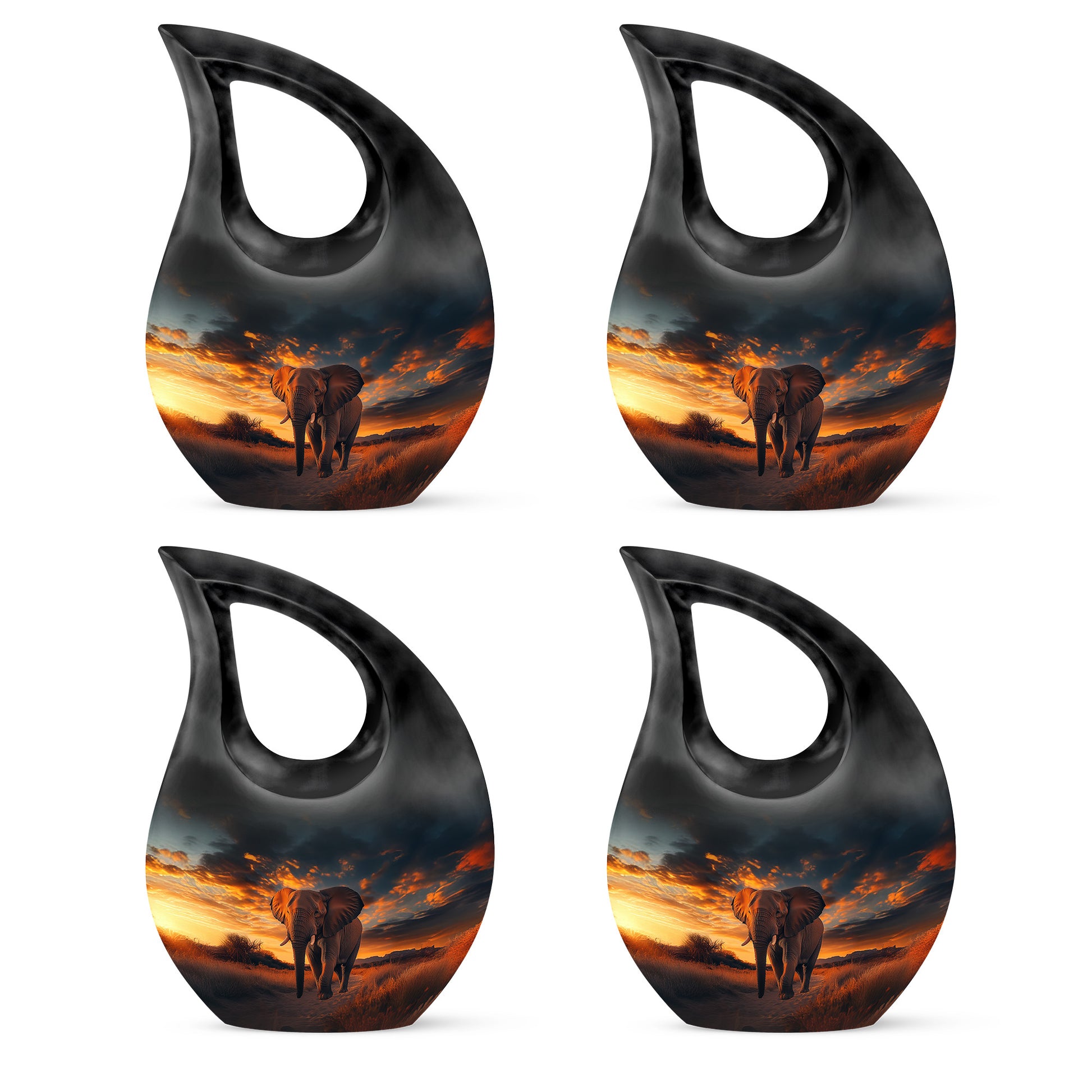Rich Black Elephant Cremation Urn lifestyle display on memorial shelf - sacred cross merged with elephant motif on metal - 10 inch aluminum urn for cremated remains