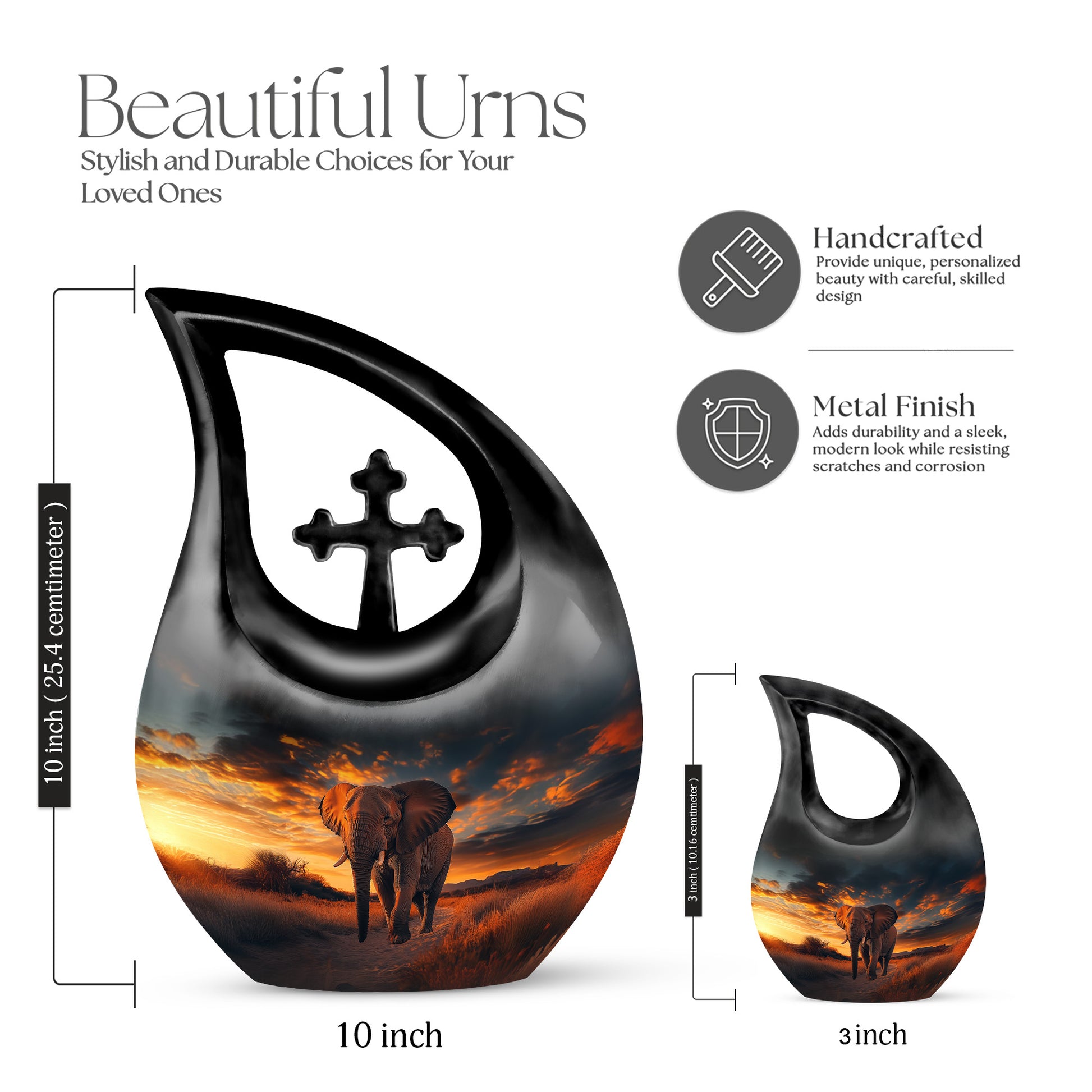 Deep Black Elephant Cremation Urn back view with polished surface - cross and elephant combined in spiritual memorial design - mini keepsake memorial for portion of cremation ashes