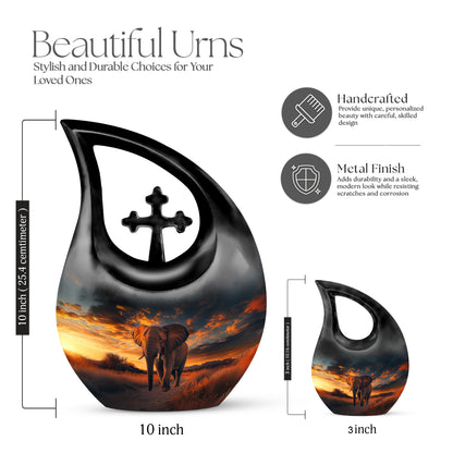 Deep Black Elephant Cremation Urn back view with polished surface - cross and elephant combined in spiritual memorial design - mini keepsake memorial for portion of cremation ashes