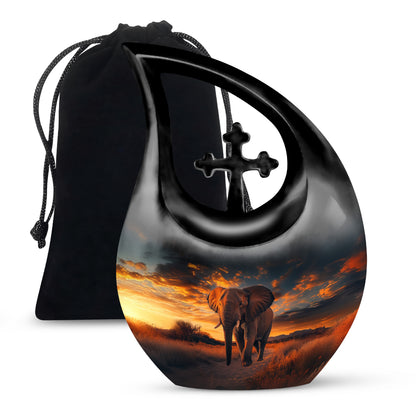 Onyx Black Elephant Cremation Urn top-down view of secure threaded lid - devotional cross-drop elephant engraving - full-size 10 inch 200 cubic inch adult cremation urn