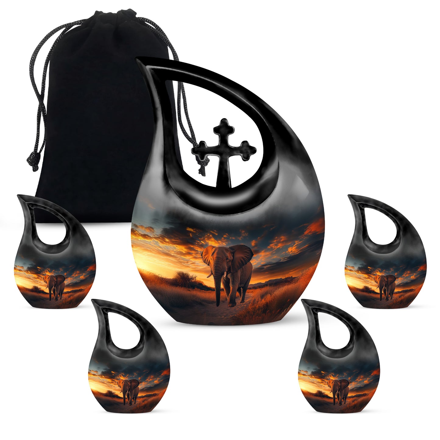Midnight Black Elephant Cremation Urn urn with complimentary velvet bag - faith-inspired cross-drop urn with elephant pattern - memorial set with one large and four small urns