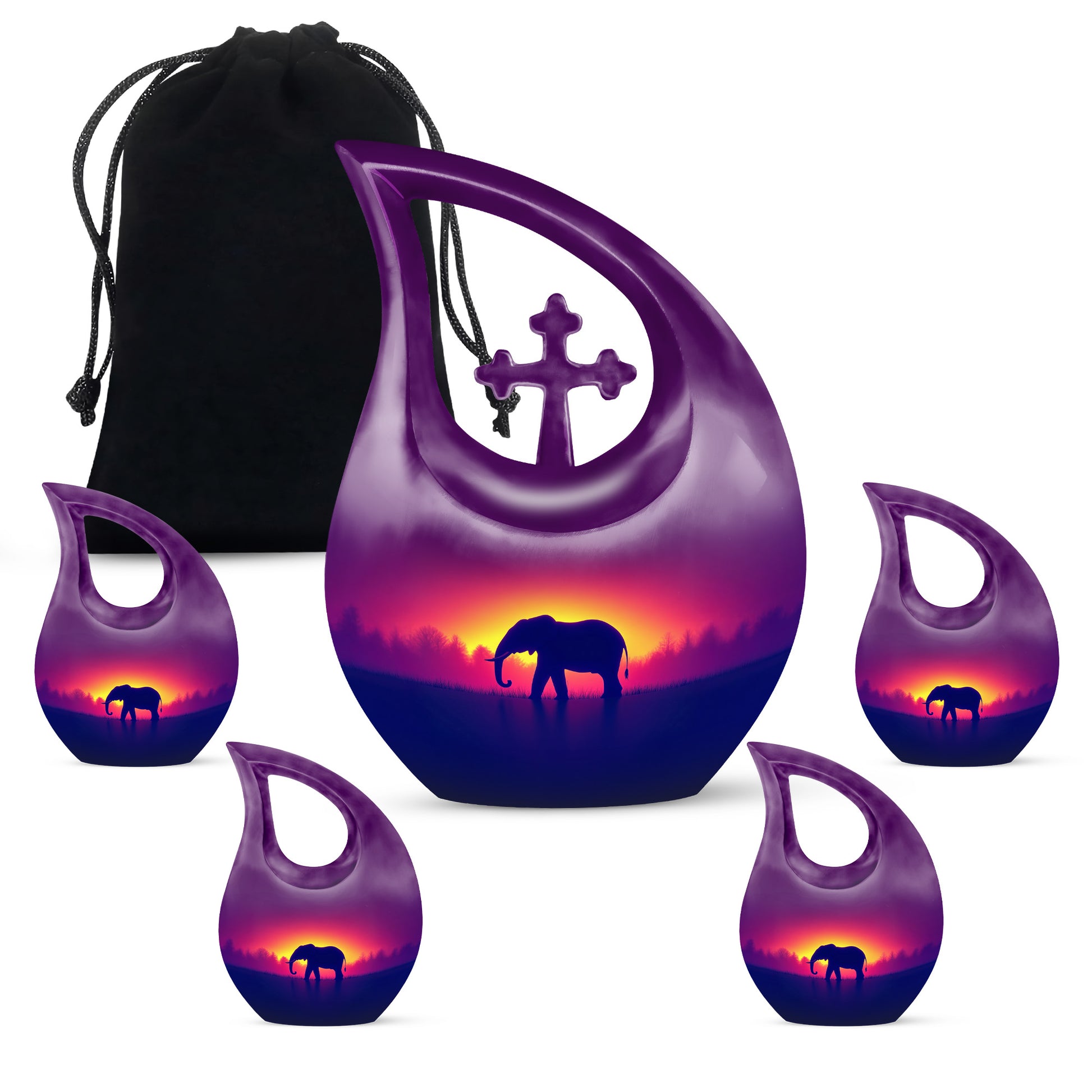 Vintage Pink Elephant Cremation Urn urn with complimentary velvet bag - faith-inspired cross-drop urn with elephant pattern - memorial set with one large and four small urns