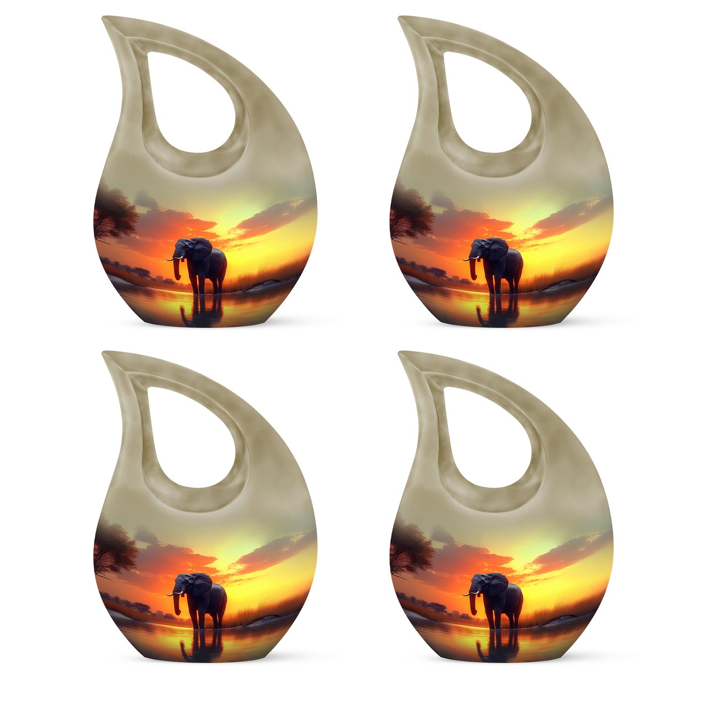 Harvest Gold Elephant Cremation Urn lifestyle display on memorial shelf - devotional cross-drop elephant engraving - 10 inch aluminum urn for cremated remains