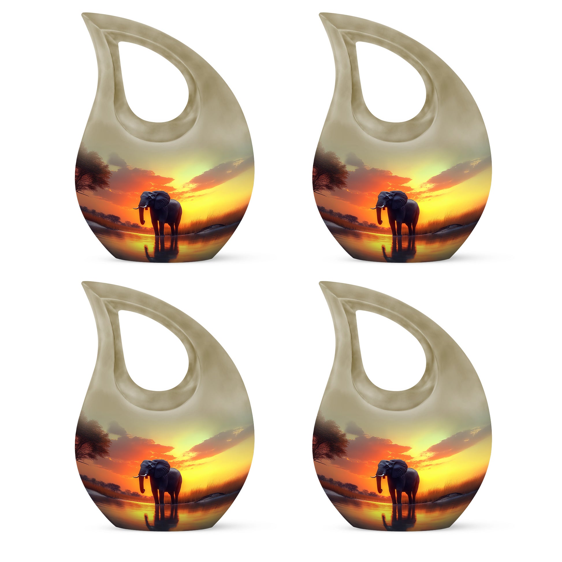 Harvest Gold Elephant Cremation Urn lifestyle display on memorial shelf - devotional cross-drop elephant engraving - 10 inch aluminum urn for cremated remains