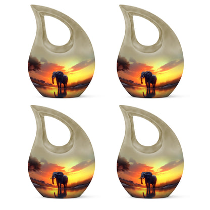 Harvest Gold Elephant Cremation Urn lifestyle display on memorial shelf - devotional cross-drop elephant engraving - 10 inch aluminum urn for cremated remains