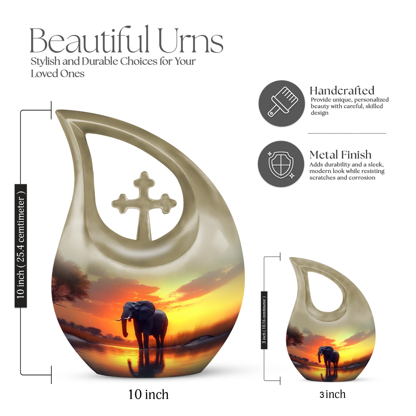 Matte Gold Elephant Cremation Urn back view with polished surface - devotional cross-drop elephant engraving - mini keepsake memorial for portion of cremation ashes