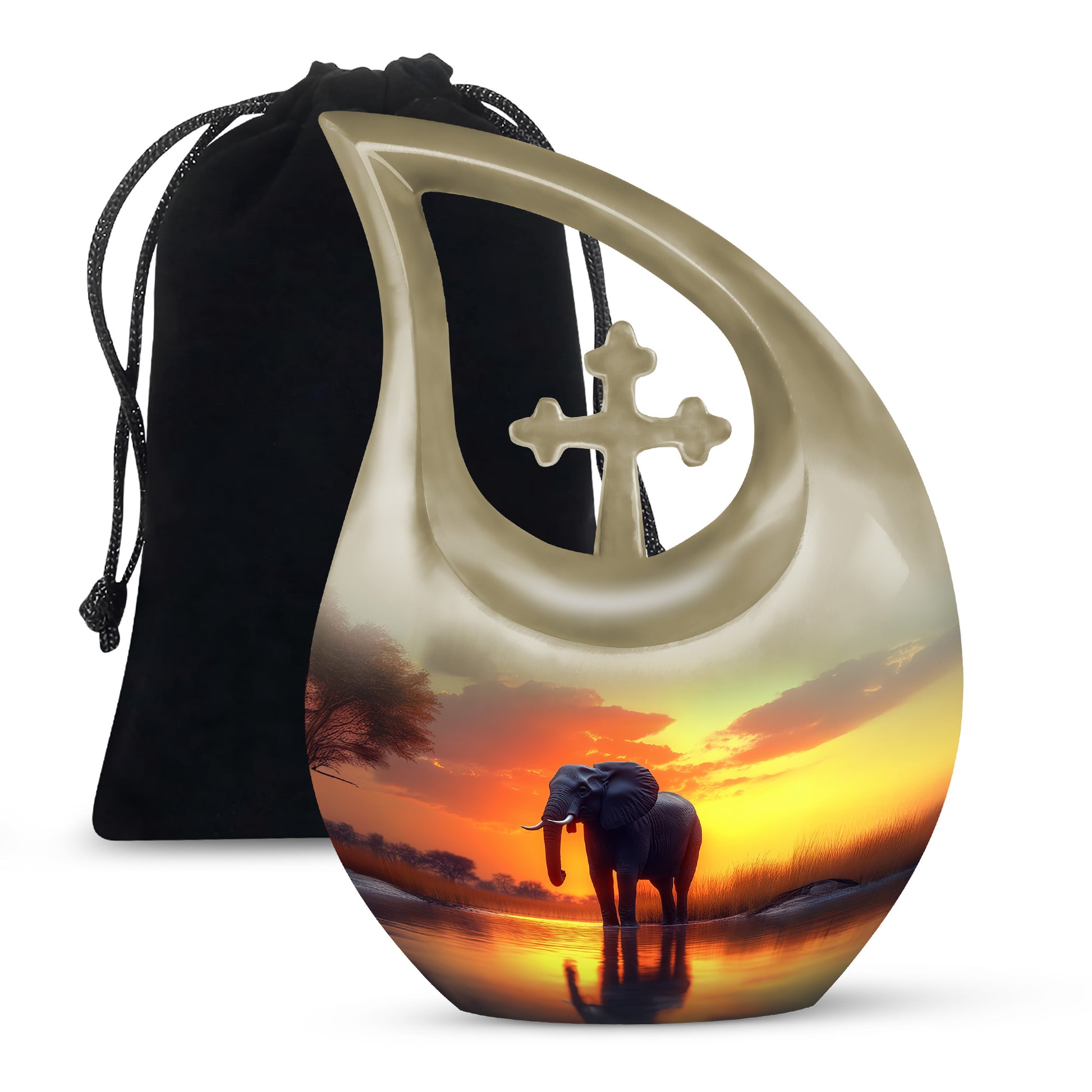 Sunrise Gold Elephant Cremation Urn top-down view of secure threaded lid - sacred cross merged with elephant motif on metal - full-size 10 inch 200 cubic inch adult cremation urn