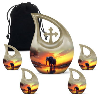 Warm Gold Elephant Cremation Urn urn with complimentary velvet bag - devotional cross-drop elephant engraving - memorial set with one large and four small urns