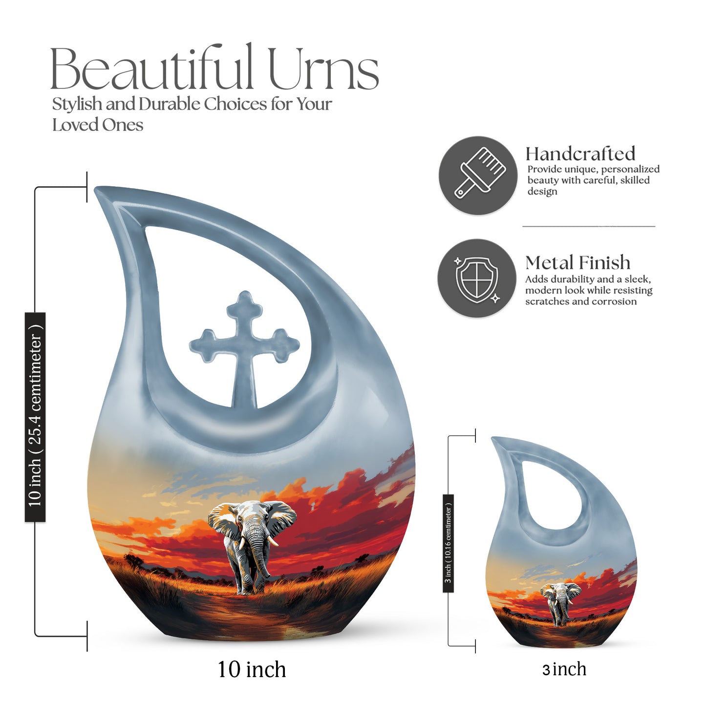 Steel Gray Elephant Cremation Urn back view with polished surface - faith-inspired cross-drop urn with elephant pattern - mini keepsake memorial for portion of cremation ashes