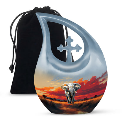 Mist Gray Elephant Cremation Urn top-down view of secure threaded lid - sacred cross merged with elephant motif on metal - full-size 10 inch 200 cubic inch adult cremation urn