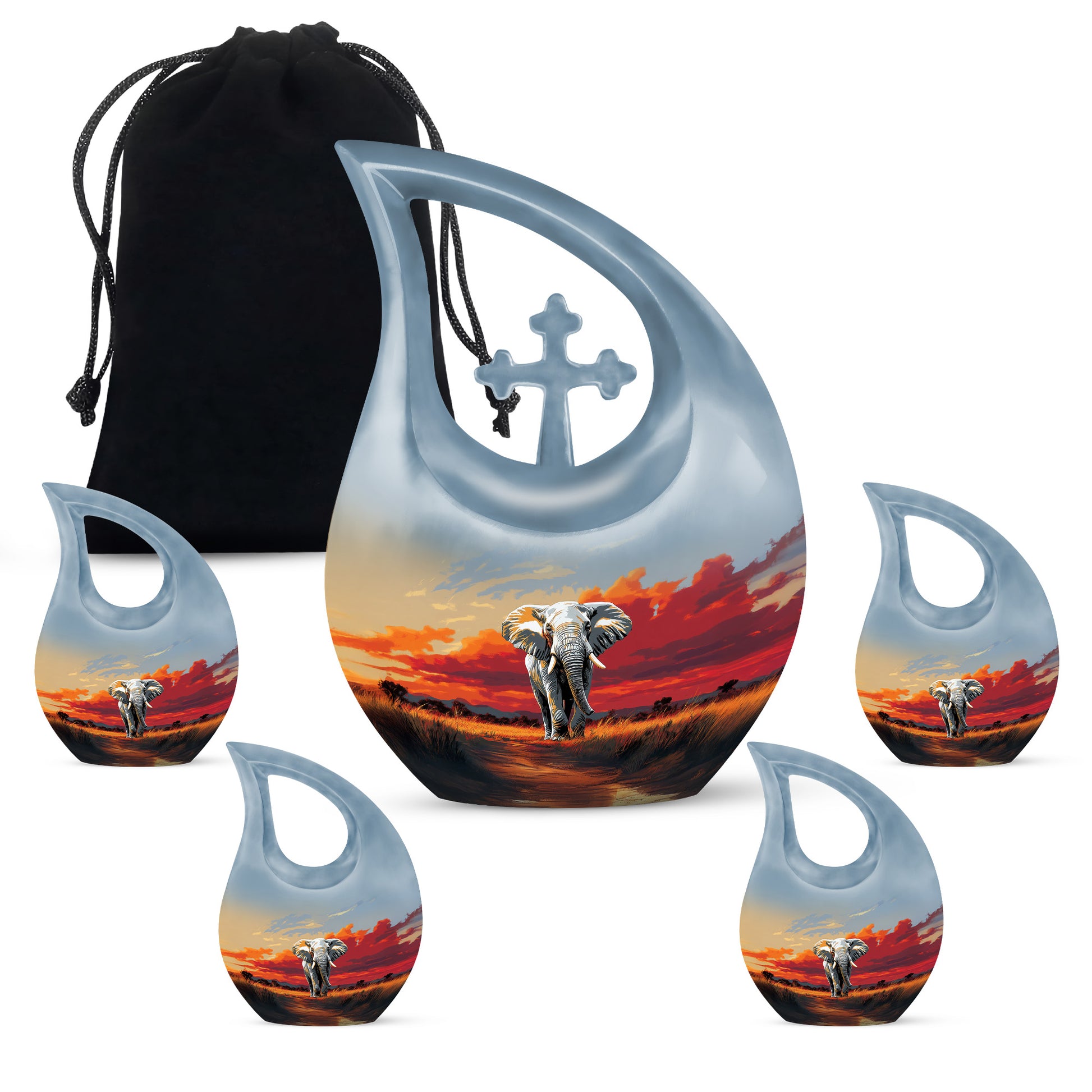Storm Gray Elephant Cremation Urn urn with complimentary velvet bag - faith-inspired cross-drop urn with elephant pattern - memorial set with one large and four small urns