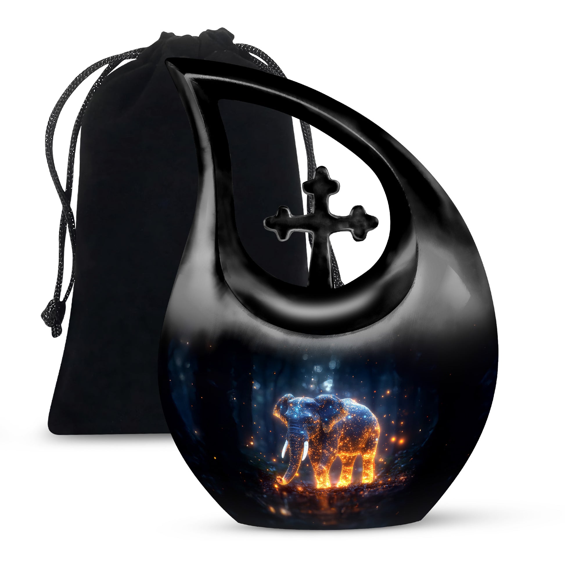 Celestial Blue Elephant Cremation Urn top-down view of secure threaded lid - cross and elephant combined in spiritual memorial design - full-size 10 inch 200 cubic inch adult cremation urn