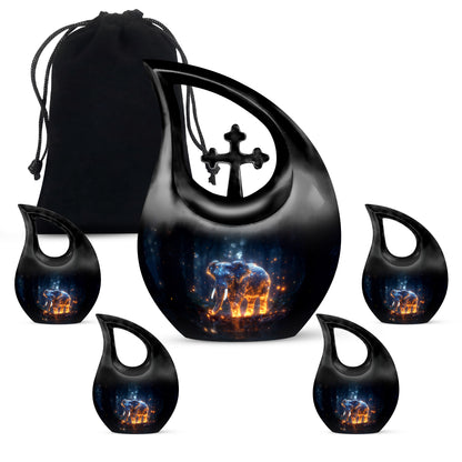 Vivid Blue Elephant Cremation Urn urn with complimentary velvet bag - faith-inspired cross-drop urn with elephant pattern - memorial set with one large and four small urns