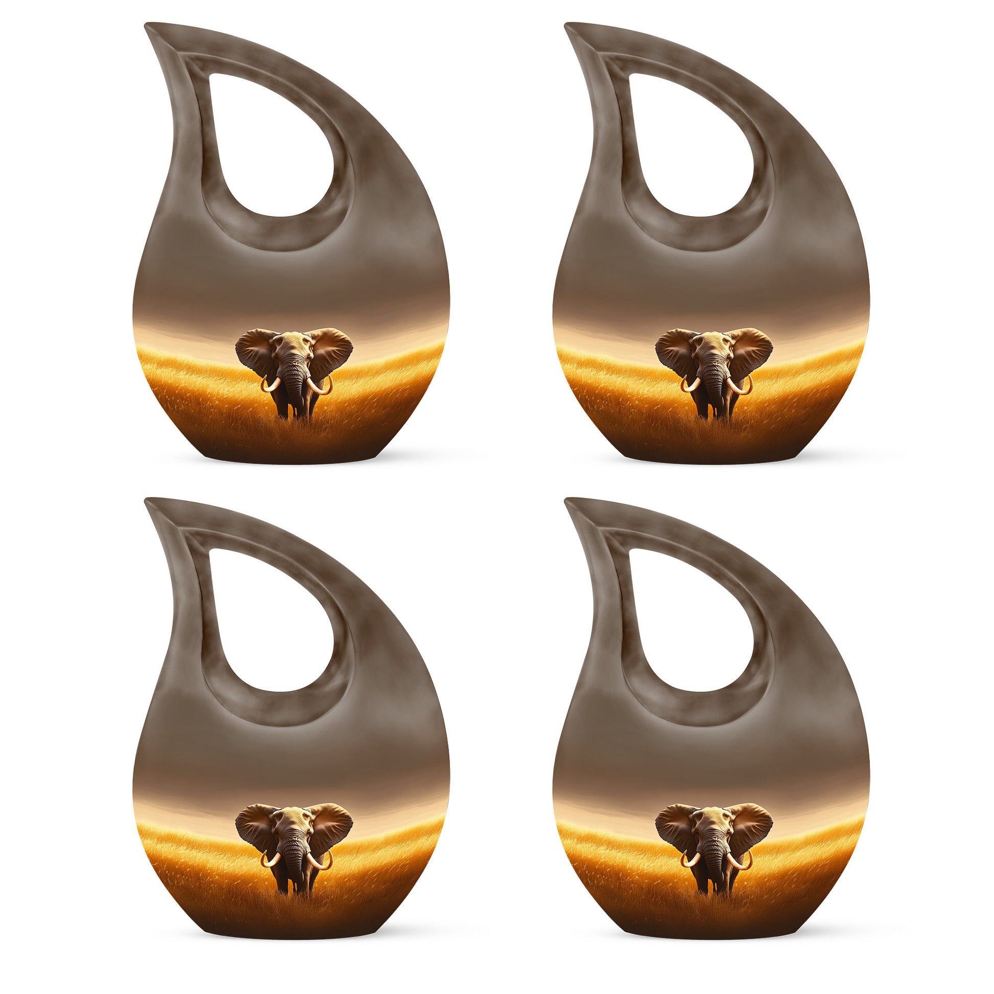 Matte Gold Elephant Cremation Urn lifestyle display on memorial shelf - faith-inspired cross-drop urn with elephant pattern - 10 inch aluminum urn for cremated remains