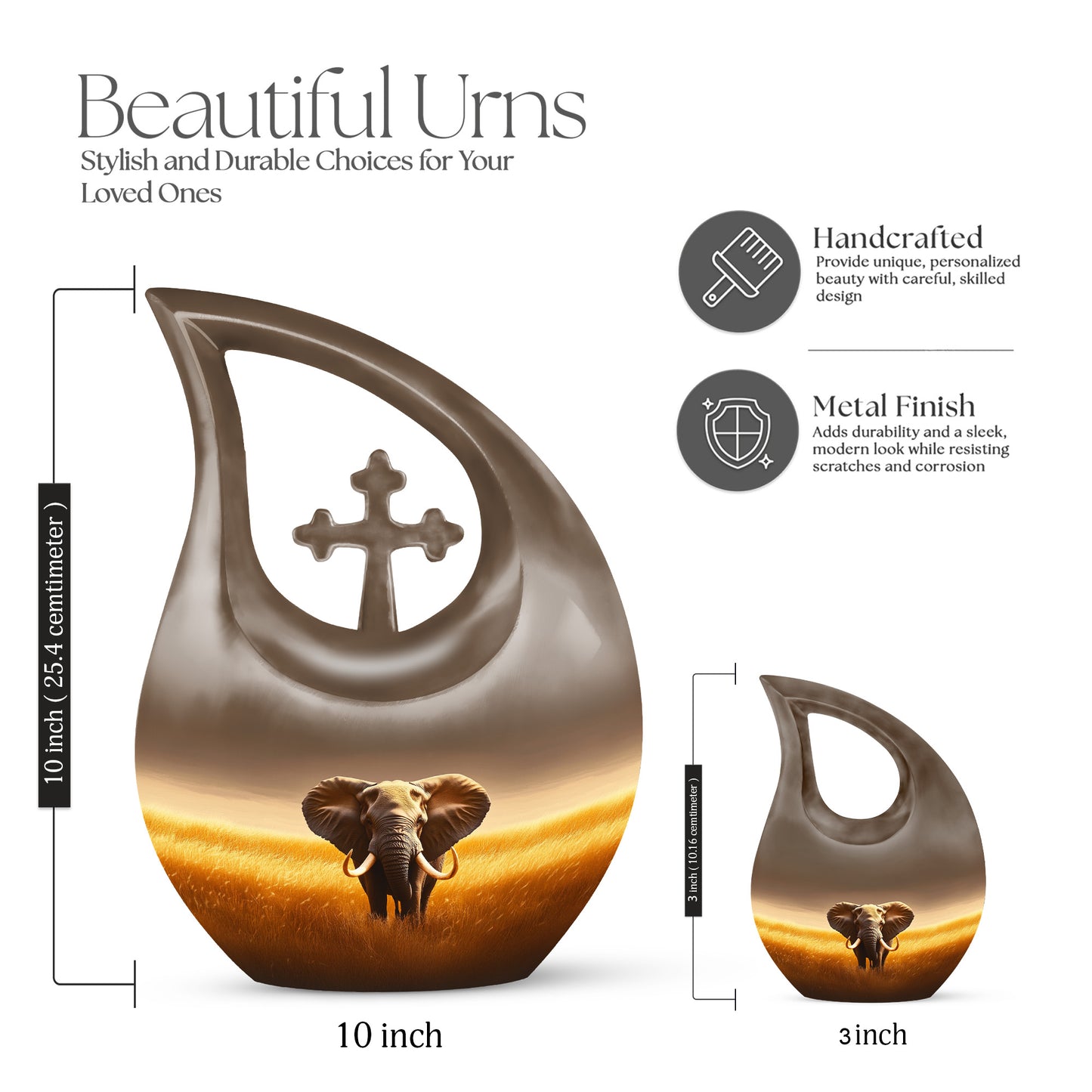 Champagne Gold Elephant Cremation Urn back view with polished surface - cross and elephant combined in spiritual memorial design - mini keepsake memorial for portion of cremation ashes