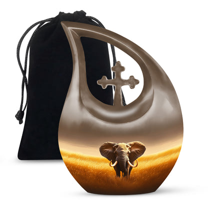 Harvest Gold Elephant Cremation Urn top-down view of secure threaded lid - faith-inspired cross-drop urn with elephant pattern - full-size 10 inch 200 cubic inch adult cremation urn