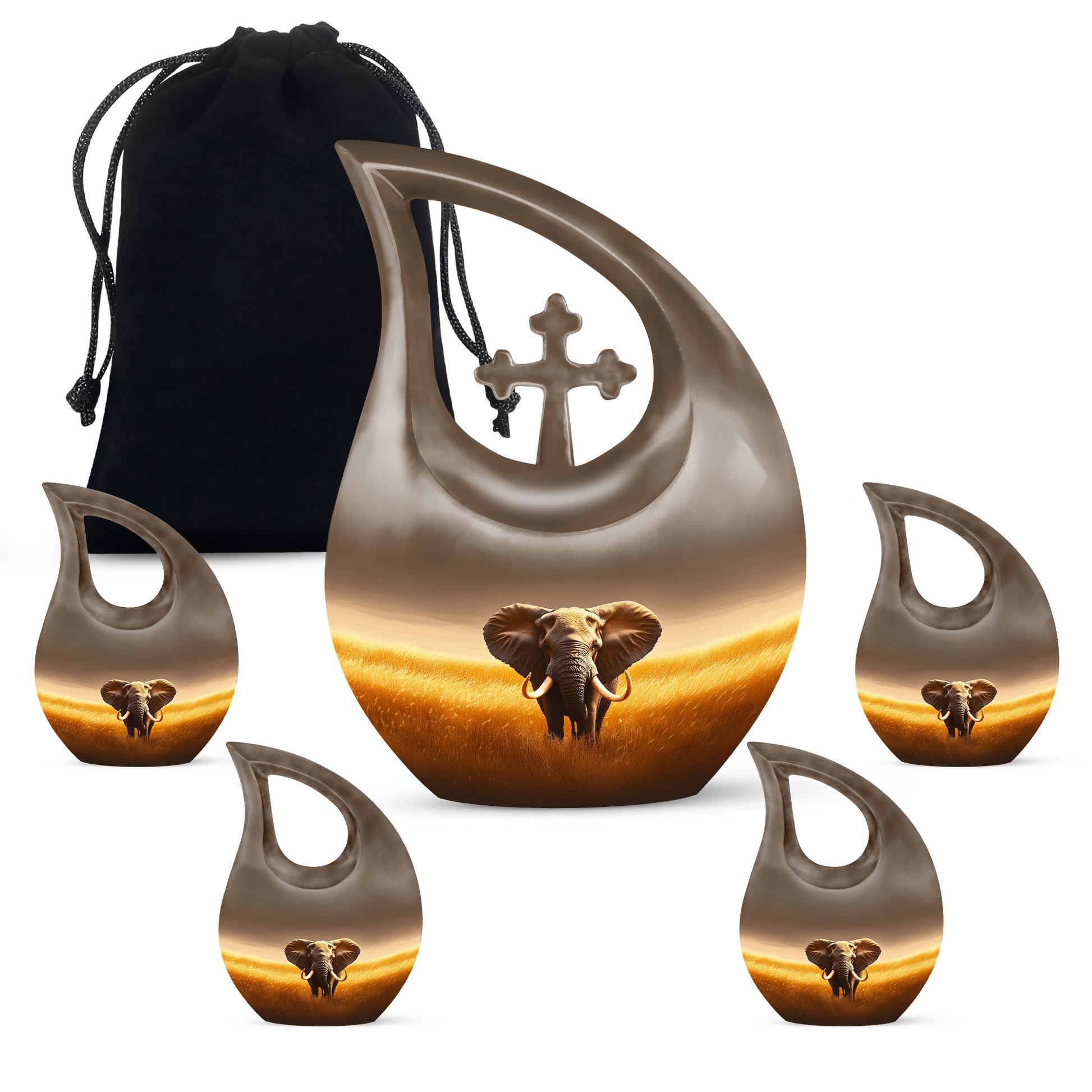 Champagne Gold Elephant Cremation Urn urn with complimentary velvet bag - sacred cross merged with elephant motif on metal - memorial set with one large and four small urns